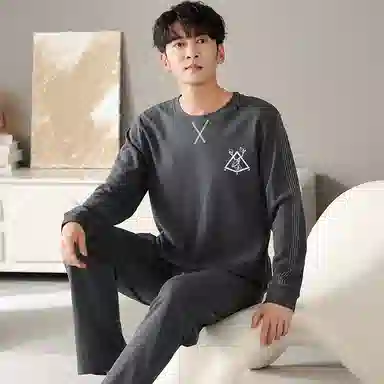 莫代尔 纯棉个性轻熟风舒适翻领开衫时尚百搭宽松长袖长裤家居服可外穿睡衣套装 男款