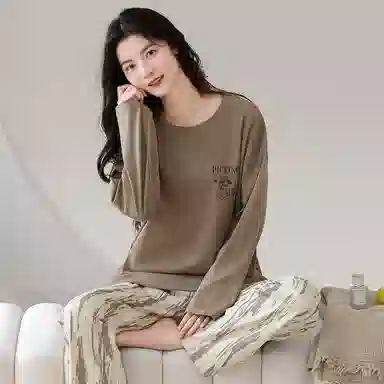 莫代尔 春秋季休闲简约百搭纯棉圆领套头慵懒时尚气质带胸垫防凸点家居服可外穿睡衣套装 女款