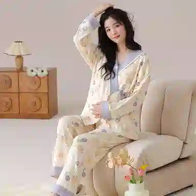 莫代尔 清新春秋一体式气质简约带杯垫月子家居服睡衣套装 女款