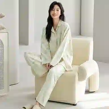 莫代尔 舒适柔软经典翻领开衫清新韩版个性家居服可外穿睡衣套装 女款