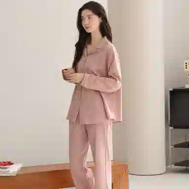 莫代尔 春秋季甜美风休闲简约翻领开衫纯棉宽松显瘦长袖长裤家居服可外穿女士睡衣套装 女款