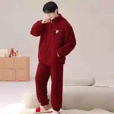 莫代尔 喜庆大红色宽松百搭翻领开衫个性保暖加厚长袖长裤家居服可外穿男士睡衣套装 男款