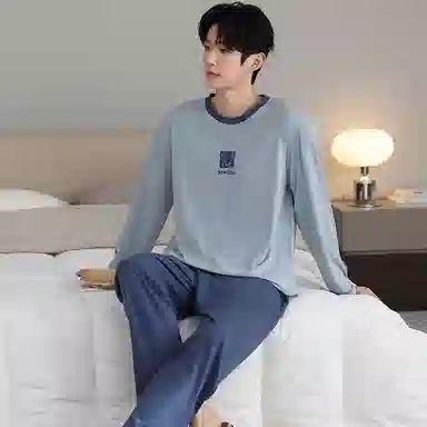莫代尔 可外穿舒适轻柔亲肤细腻圆领套头轻盈透气个性长袖长裤家居服男士睡衣套装 男款