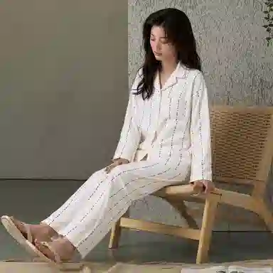 莫代尔 纯棉个性百搭简约翻领开衫休闲舒适亲肤透气长袖长裤家居服可外穿女士睡衣套装 女款