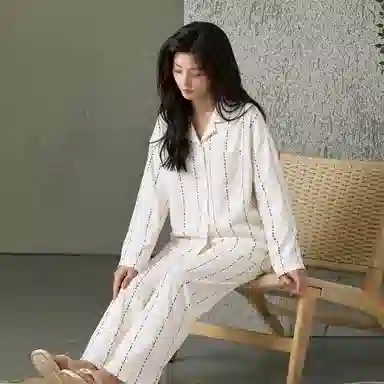 莫代尔 纯棉个性百搭简约翻领开衫休闲舒适亲肤透气长袖长裤家居服可外穿女士睡衣套装 女款