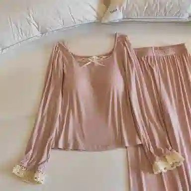 莫代尔 气质时尚百搭个性休闲简洁长袖长裤自带胸垫防凸点家居服可外穿女士睡衣套装 女款