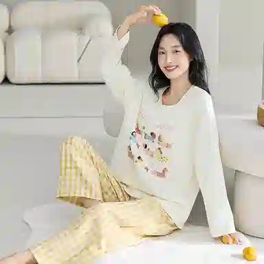 莫代尔 春秋季慵懒个性百搭纯棉圆领套头休闲简约长袖长裤家居服可外穿女士睡衣套装 女款