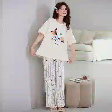 莫代尔 时尚气质百搭个性圆领套头轻柔简洁家居服可外穿女士睡衣套装 女款