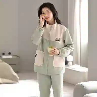 莫代尔 清新舒适柔软细腻高领拉链保暖蓄热宽松休闲简约长袖长裤家居服可外穿睡衣套装 女款