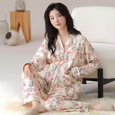 莫代尔 清新春秋一体式带杯垫气质简约花色月子家居服睡衣套装 女款