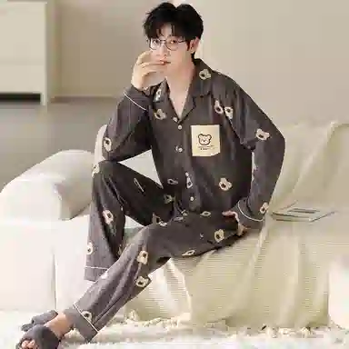 莫代尔 舒适柔软亲肤纯棉翻领开衫个性休闲简约长袖长裤家居服男士睡衣套装 男款