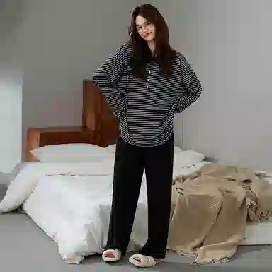 莫代尔 个性休闲简约百搭圆领套头舒适宽松显瘦保暖长袖长裤家居服可外穿女士睡衣套装 女款