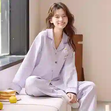 莫代尔 春秋季简洁个性百搭翻领开衫休闲轻盈透气性长袖长裤家居服可外穿女士睡衣套装 女款