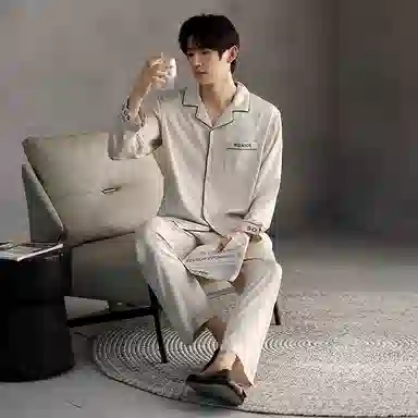 莫代尔 春秋季韩版休闲简约翻领开衫个性宽松无束缚家居服可外穿男士睡衣套装 男款