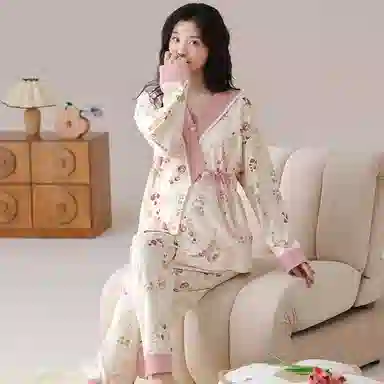 莫代尔 清新春秋一体式带杯垫气质简约月子家居服睡衣套装 女款