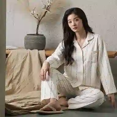 莫代尔 纯棉个性百搭简约翻领开衫休闲舒适亲肤透气长袖长裤家居服可外穿女士睡衣套装 女款