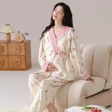 莫代尔 清新春秋一体式带杯垫气质简约月子家居服睡衣套装 女款