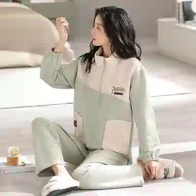 莫代尔 清新舒适柔软细腻高领拉链保暖蓄热宽松休闲简约长袖长裤家居服可外穿睡衣套装 女款