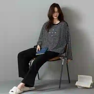 莫代尔 个性休闲简约百搭圆领套头舒适宽松显瘦保暖长袖长裤家居服可外穿女士睡衣套装 女款