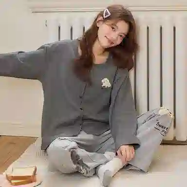 莫代尔 春秋季舒适柔软圆领开衫细腻免穿文胸带胸垫家居服可外穿睡衣套装 女款