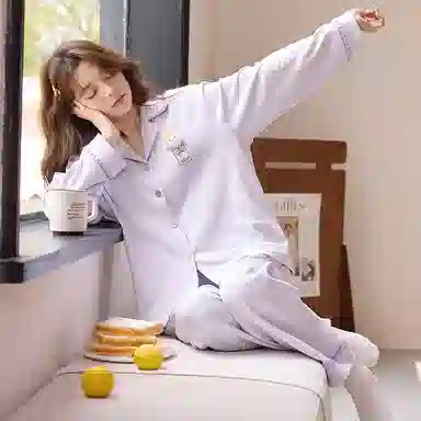 莫代尔 春秋季简洁个性百搭翻领开衫休闲轻盈透气性长袖长裤家居服可外穿女士睡衣套装 女款