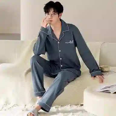 莫代尔 韩版个性耐穿纯棉翻领开衫百搭轻盈透气长袖长裤家居服男士睡衣套装 男款