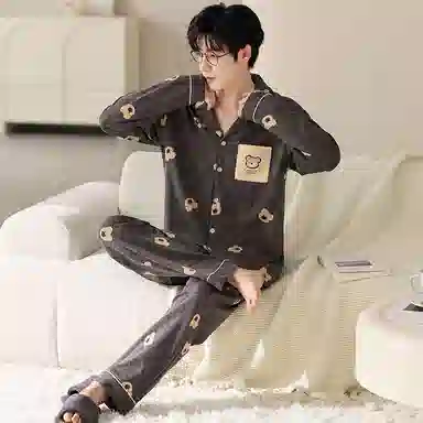 莫代尔 舒适柔软亲肤纯棉翻领开衫个性休闲简约长袖长裤家居服男士睡衣套装 男款