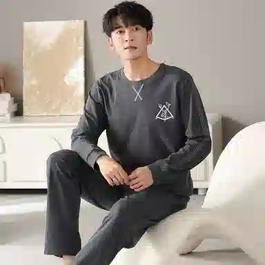 莫代尔 纯棉个性轻熟风舒适翻领开衫时尚百搭宽松长袖长裤家居服可外穿睡衣套装 男款