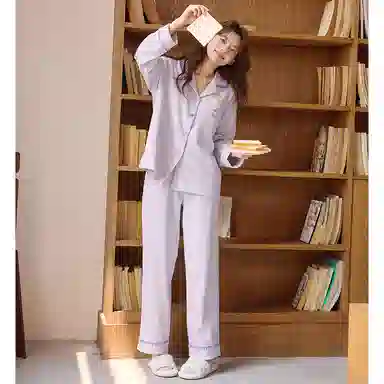 莫代尔 春秋季简洁个性百搭翻领开衫休闲轻盈透气性长袖长裤家居服可外穿女士睡衣套装 女款