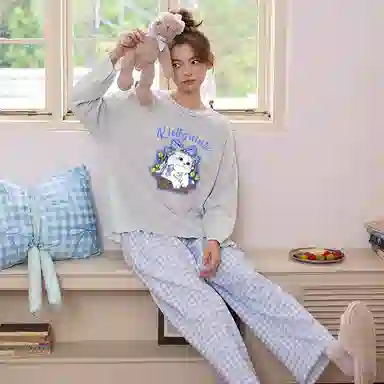 莫代尔 休闲简约保暖舒适圆领套头时尚气质长袖长裤家居服可外穿睡衣套装 女款