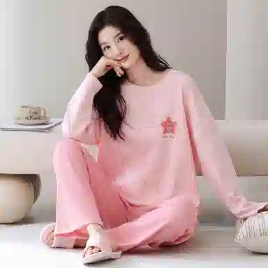 莫代尔 春秋季轻盈透气个性纯棉圆领套头舒适宽松带胸垫防凸点家居服可外穿睡衣套装 女款