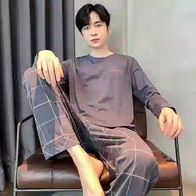 莫代尔 休闲简约个性透气圆领套头时尚气质百搭长袖长裤家居服可外穿睡衣套装 男款