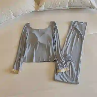 莫代尔 气质时尚百搭个性休闲简洁长袖长裤自带胸垫防凸点家居服可外穿女士睡衣套装 女款