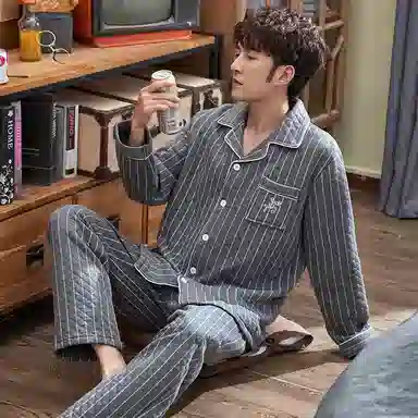 莫代尔 休闲简约舒适保暖翻领开衫蓄热轻盈亲肤柔软可外穿的家居服睡衣套装 男款