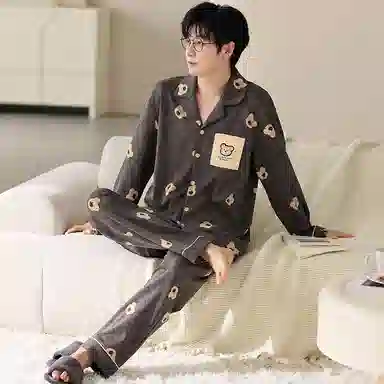 莫代尔 舒适柔软亲肤纯棉翻领开衫个性休闲简约长袖长裤家居服男士睡衣套装 男款