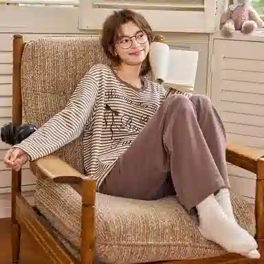 莫代尔 春秋开衫一体式免穿文胸清新气质家居服睡衣套装 女款