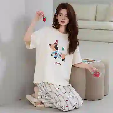 莫代尔 时尚气质百搭个性圆领套头轻柔简洁家居服可外穿女士睡衣套装 女款