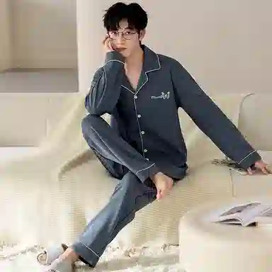 莫代尔 韩版个性耐穿纯棉翻领开衫百搭轻盈透气长袖长裤家居服男士睡衣套装 男款