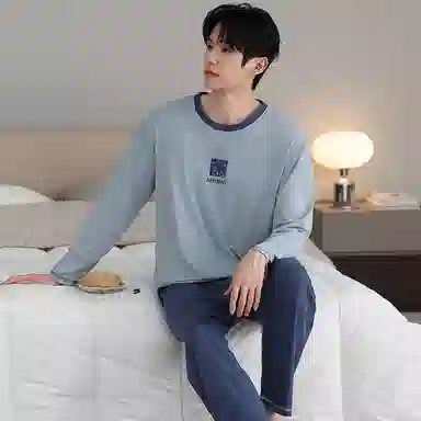 莫代尔 可外穿舒适轻柔亲肤细腻圆领套头轻盈透气个性长袖长裤家居服男士睡衣套装 男款