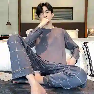 莫代尔 休闲简约个性透气圆领套头时尚气质百搭长袖长裤家居服可外穿睡衣套装 男款