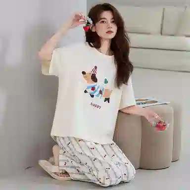 莫代尔 时尚气质百搭个性圆领套头轻柔简洁家居服可外穿女士睡衣套装 女款