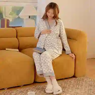 莫代尔 清新春秋气质一体式简约时尚带杯垫月子家居服睡衣套装 女款