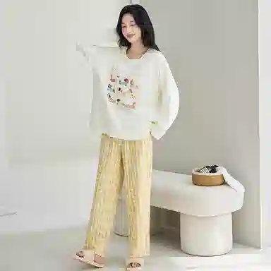 莫代尔 春秋季慵懒个性百搭纯棉圆领套头休闲简约长袖长裤家居服可外穿女士睡衣套装 女款