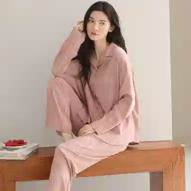 莫代尔 春秋季甜美风休闲简约翻领开衫纯棉宽松显瘦长袖长裤家居服可外穿女士睡衣套装 女款