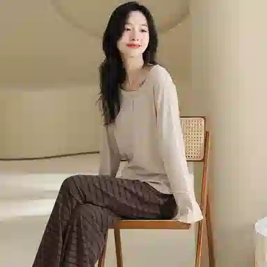 莫代尔 舒适柔软亲肤细腻圆领套头休闲简约个性百搭长袖长裤家居服可外穿睡衣套装 女款