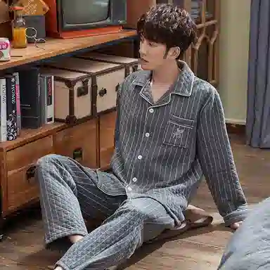 莫代尔 休闲简约舒适保暖翻领开衫蓄热轻盈亲肤柔软可外穿的家居服睡衣套装 男款