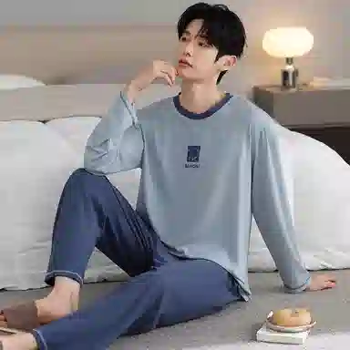 莫代尔 可外穿舒适轻柔亲肤细腻圆领套头轻盈透气个性长袖长裤家居服男士睡衣套装 男款