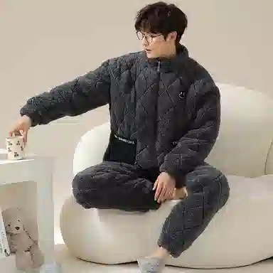 莫代尔 舒适柔软细腻半高领拉链款个性百搭保暖加厚长袖长裤家居服可外穿睡衣套装 男款