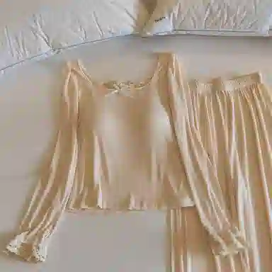 莫代尔 气质时尚百搭个性休闲简洁长袖长裤自带胸垫防凸点家居服可外穿女士睡衣套装 女款