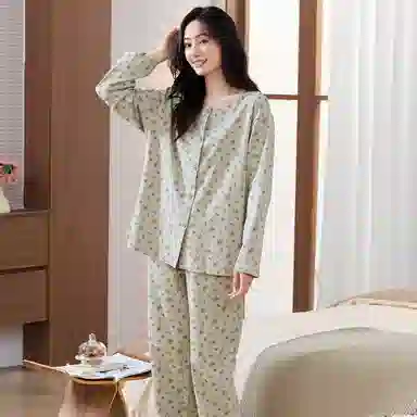 莫代尔 个性时尚气质百搭圆领开衫纯棉休闲简约家居服可外穿睡衣套装 女款